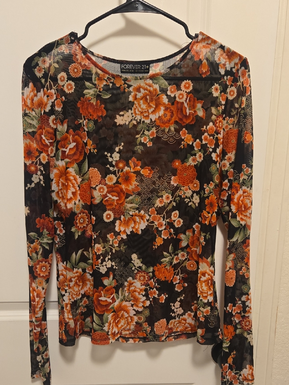 Forever 21 Black and Red Floral Mesh Long Sleeve Top